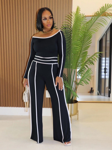 Two piece set of high waisted wide leg pants with one shoulder slanted collar elastic splicing