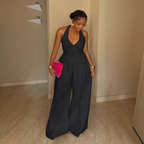 Hanging neck V-neck backless wide leg jumpsuit