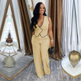 V-neck button up top and pants two-piece set