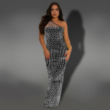 Mesh rhinestone slant shoulder sleeveless dress