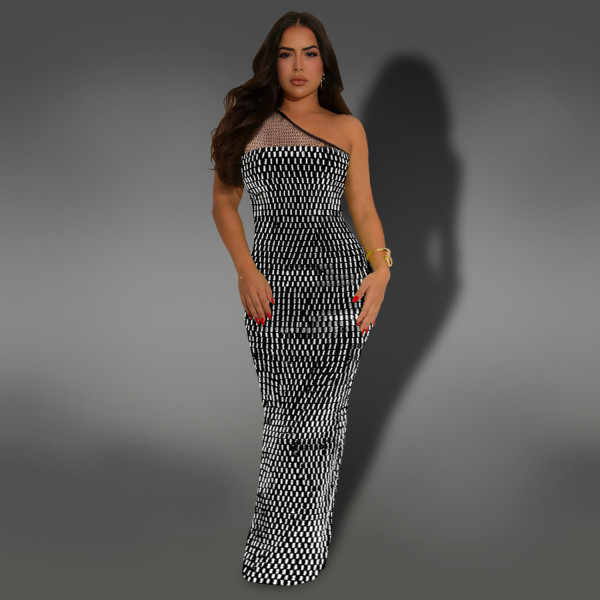 Mesh rhinestone slant shoulder sleeveless dress