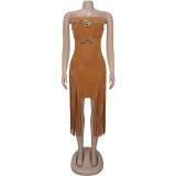 Sleeveless strapless backless fringe dress