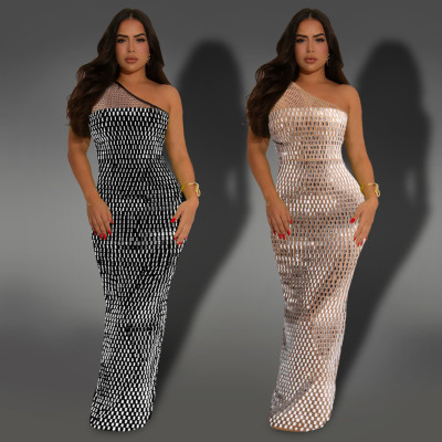 Mesh rhinestone slant shoulder sleeveless dress