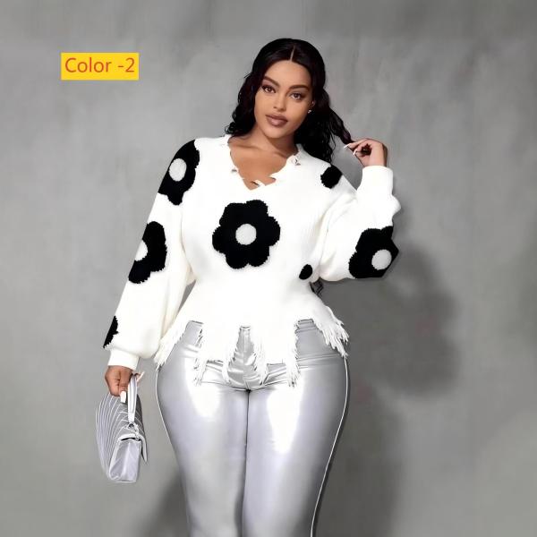 Cross hole tassel long sleeved loose fitting pullover knitted sweater