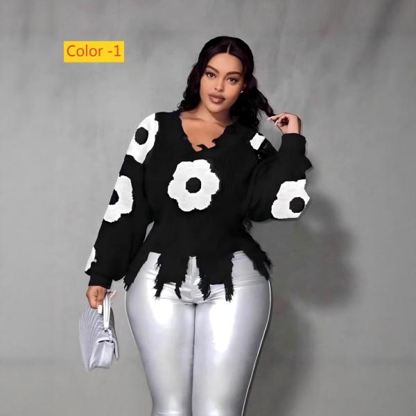Cross hole tassel long sleeved loose fitting pullover knitted sweater