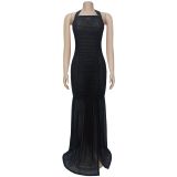 Mesh slit solid color dress