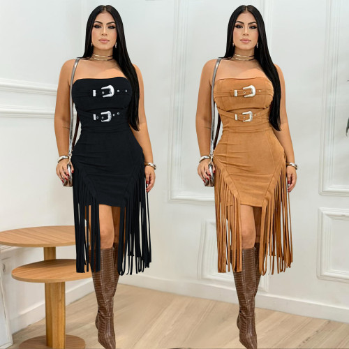 Sleeveless strapless backless fringe dress