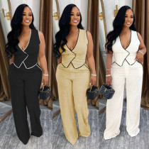 V-neck button up top and pants two-piece set