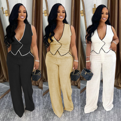 V-neck button up top and pants two-piece set