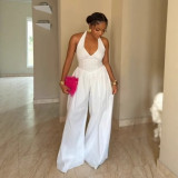 Hanging neck V-neck backless wide leg jumpsuit