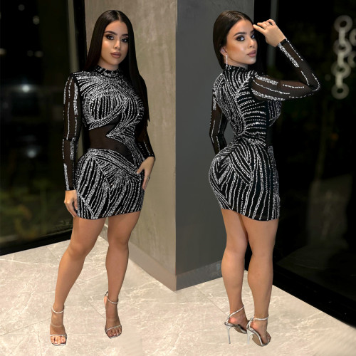 Mesh rhinestone see through dress