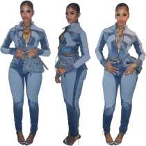 High elasticity splicing color washed denim two-piece set