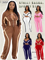 Color blocking long sleeved cardigan sports two-piece set M3092