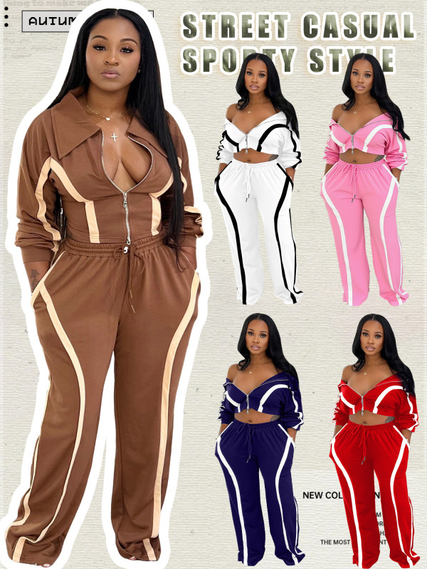 Color blocking long sleeved cardigan sports two-piece set M3092