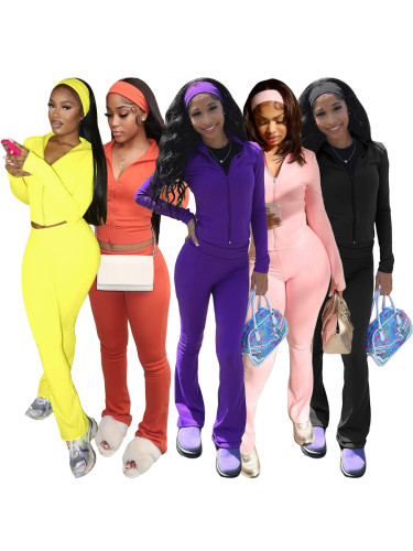 Zipper cardigan micro flared fleece two-piece set with headscarf included