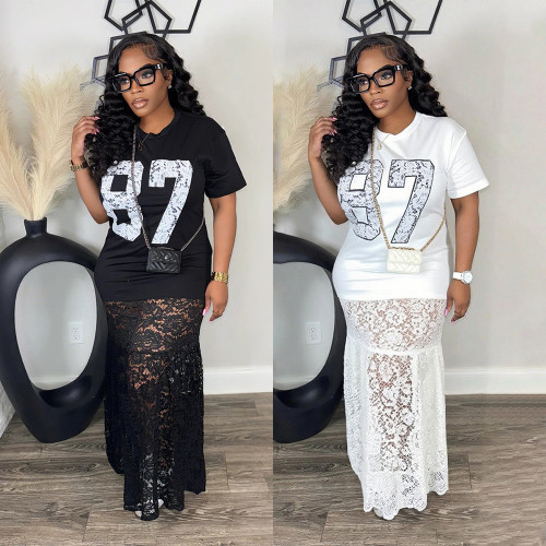 Round neck printed dress with milk silk patchwork lace long skirt