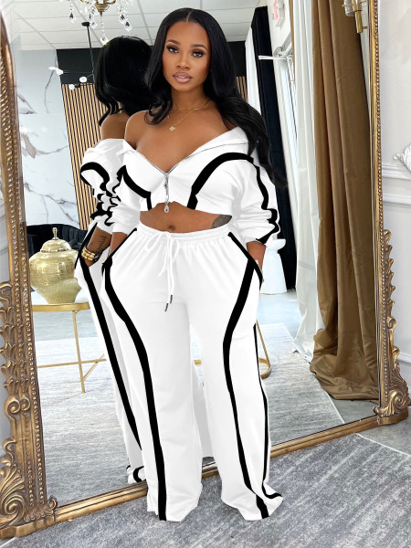 Color blocking long sleeved cardigan sports two-piece set M3092