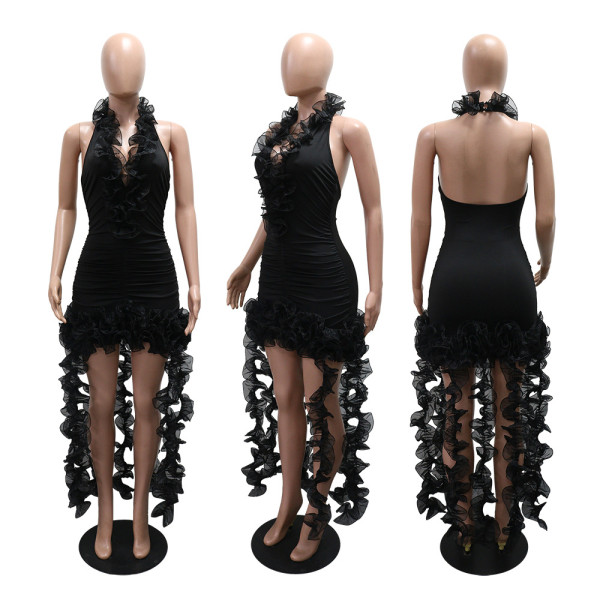 Deep V-hip solid color ruffled fringe short skirt dress