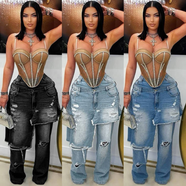 Cowboy distressed patchwork loose straight leg pants