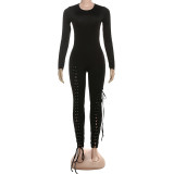 Long sleeved hollow strap tight fitting jumpsuit