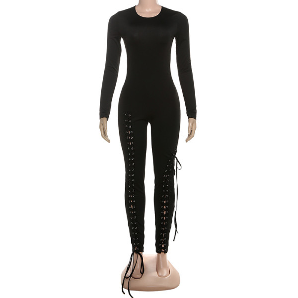 Long sleeved hollow strap tight fitting jumpsuit