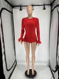 Round neck buckle, bare back, long sleeved, feather jumpsuit shorts