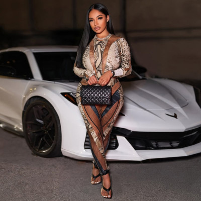 Serpentine print tight fitting jumpsuit and pants set
