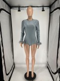 Round neck buckle, bare back, long sleeved, feather jumpsuit shorts