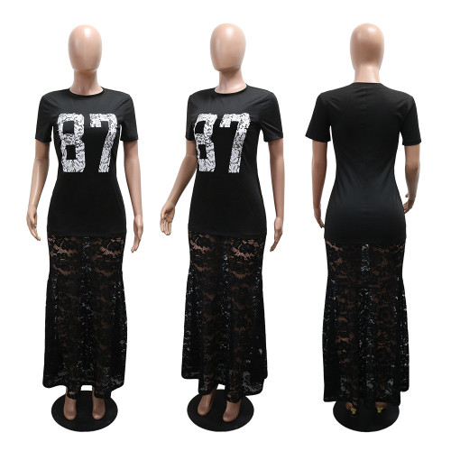 Round neck printed dress with milk silk patchwork lace long skirt