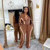 Color blocking long sleeved cardigan sports two-piece set M3092