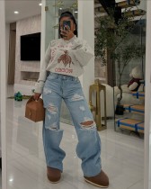 Hollow nail buckle used straight tube loose denim pants