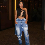 Cowboy distressed patchwork loose straight leg pants