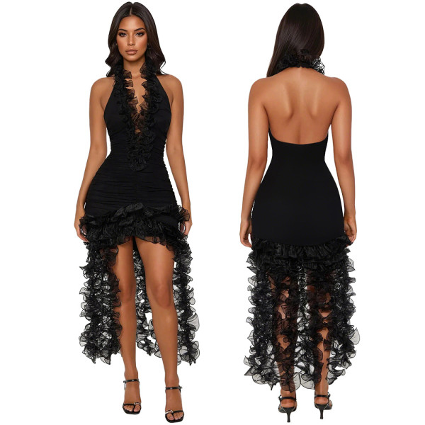 Deep V-hip solid color ruffled fringe short skirt dress