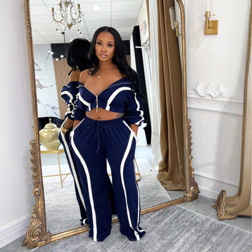 Color blocking long sleeved cardigan sports two-piece set M3092