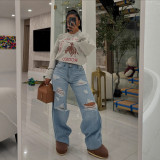 Hollow nail buckle used straight tube loose denim pants