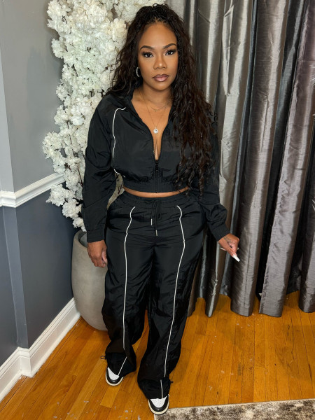 Woven contrasting line top, wide leg sports pants two-piece set