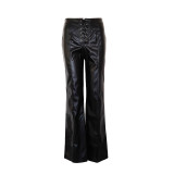 PU lace up high waisted split leather pants