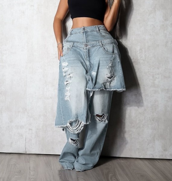 Cowboy distressed patchwork loose straight leg pants