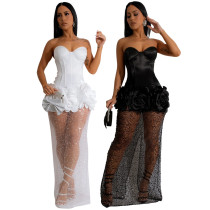 Strapless patchwork mesh skirt dress