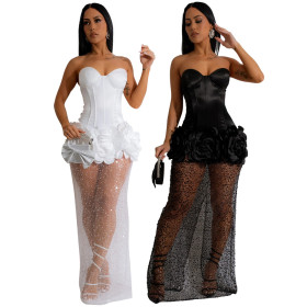 Strapless patchwork mesh skirt dress