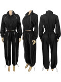 Woven contrasting line top, wide leg sports pants two-piece set