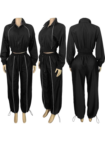 Woven contrasting line top, wide leg sports pants two-piece set
