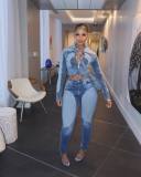 High elasticity splicing color washed denim two-piece set