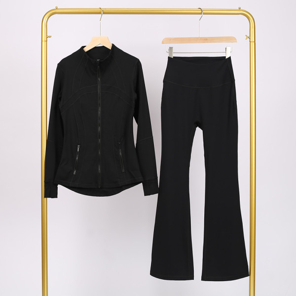 Slim fit stand up collar jacket and cropped bell-bottoms pants set, elastic quick drying fitness yoga suit