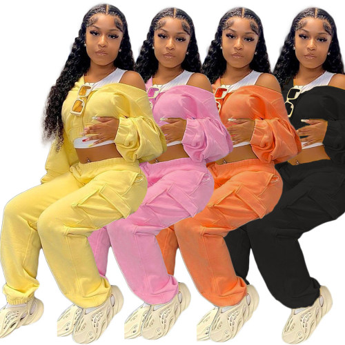 Zipper long sleeved top with side pockets, long pants set