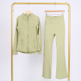 Slim fit stand up collar jacket and cropped bell-bottoms pants set, elastic quick drying fitness yoga suit