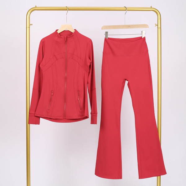 Slim fit stand up collar jacket and cropped bell-bottoms pants set, elastic quick drying fitness yoga suit