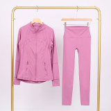 Slim fit stand up collar jacket and cropped pants set, elastic quick drying fitness yoga suit