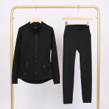 Slim fit stand up collar jacket and cropped pants set, elastic quick drying fitness yoga suit