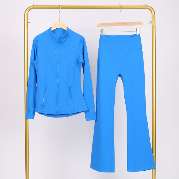 Slim fit stand up collar jacket and cropped bell-bottoms pants set, elastic quick drying fitness yoga suit